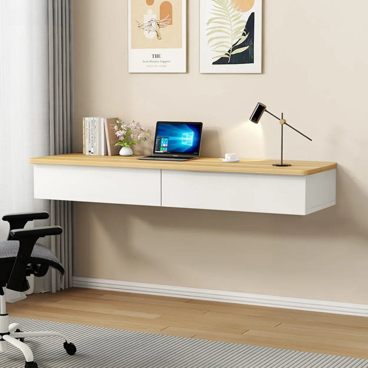 Floating Wooden Rectangle Drawers Narrow Writing Desk Image - 3