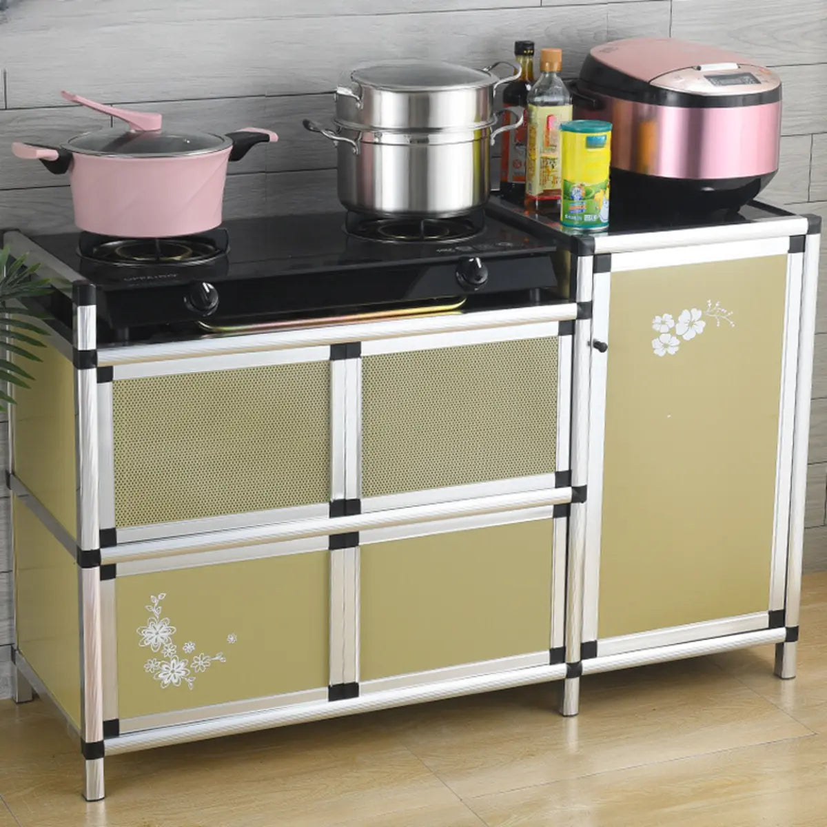 Floral Metal Gold Narrow Kitchen Sideboard with Shelves Image - 1