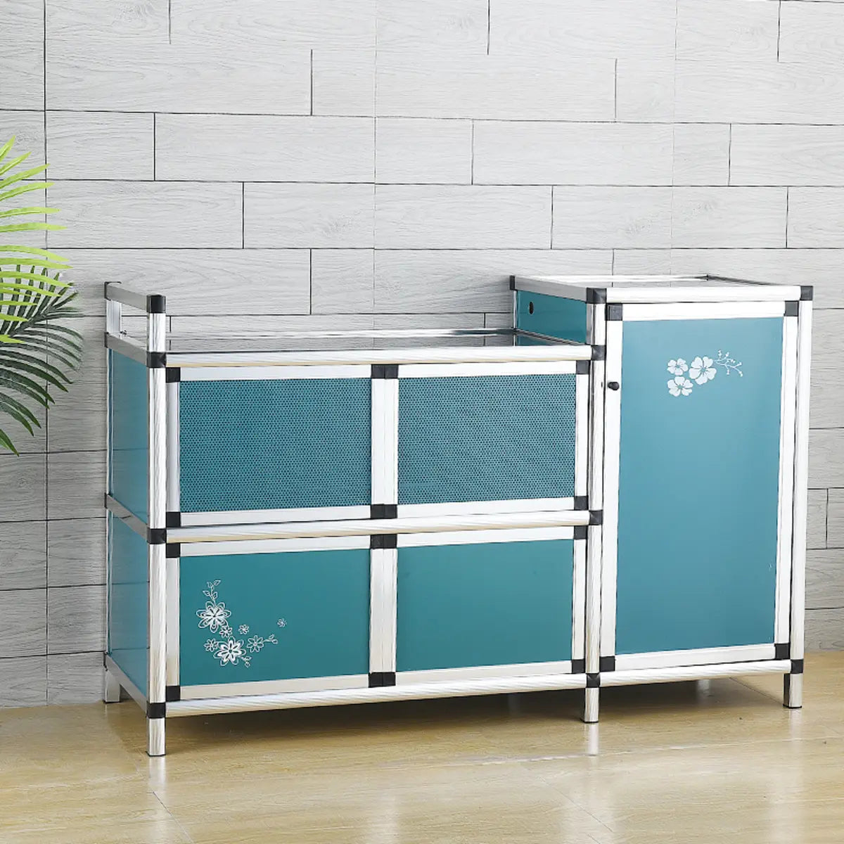 Floral Metal Gold Narrow Kitchen Sideboard with Shelves Image - 2