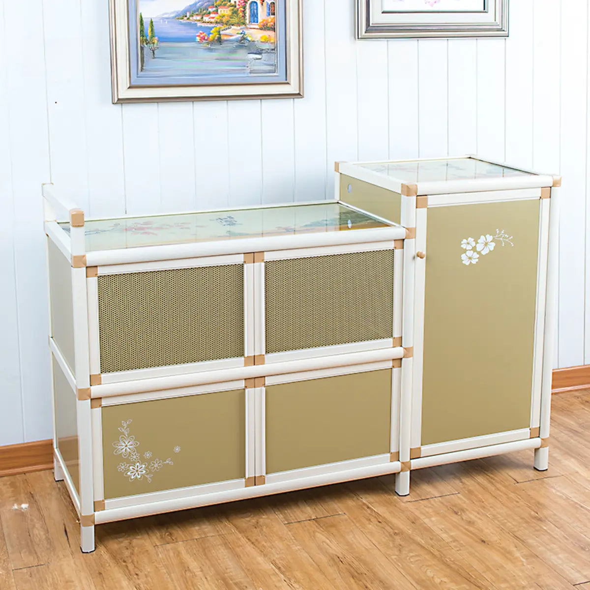 Floral Metal Gold Narrow Kitchen Sideboard with Shelves Image - 3