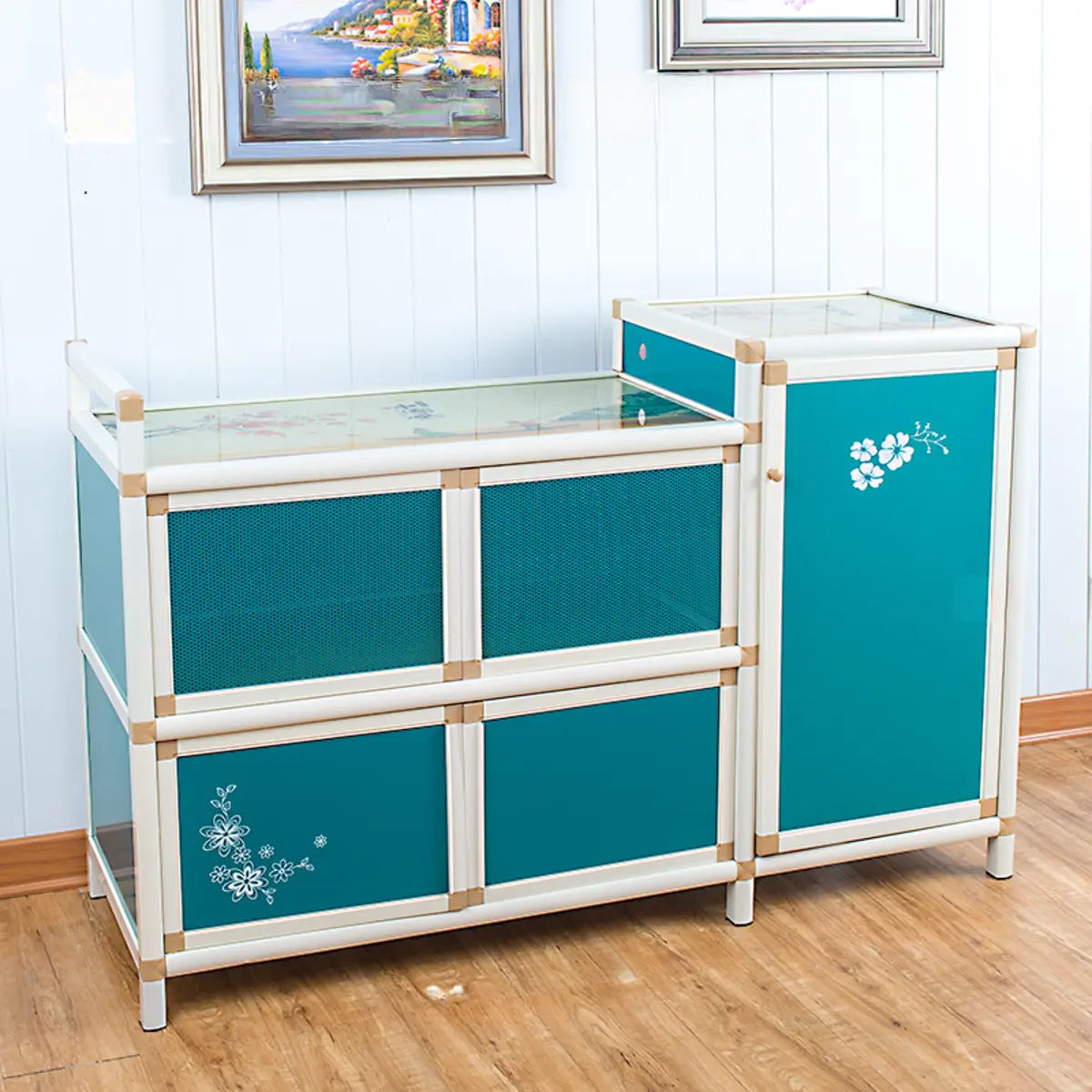 Floral Metal Gold Narrow Kitchen Sideboard with Shelves Image - 5