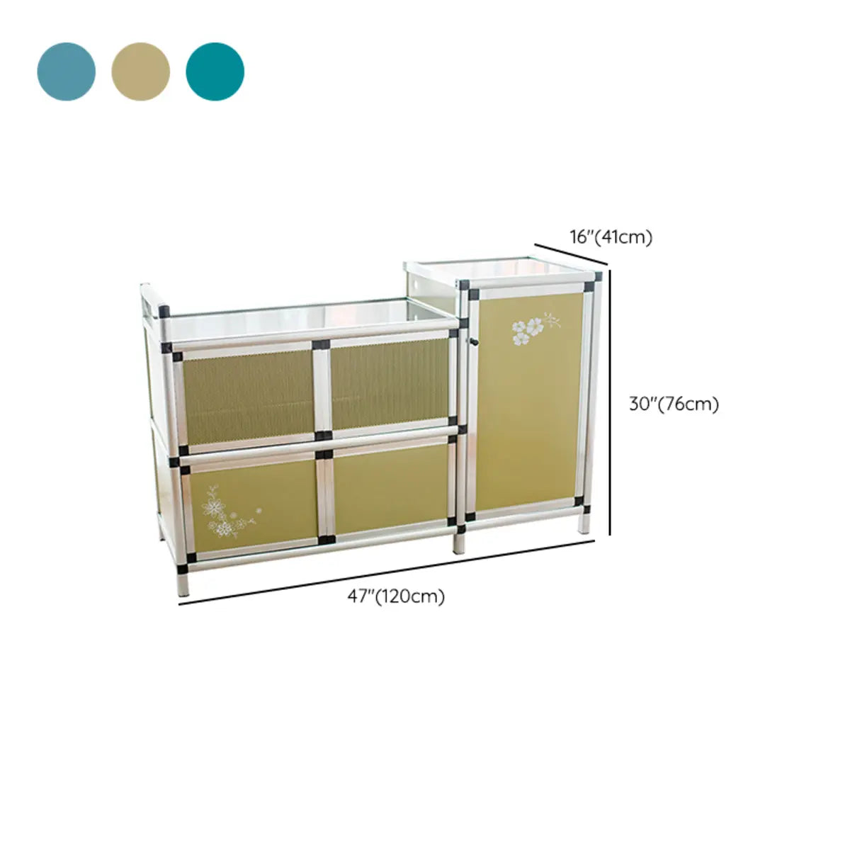 Floral Metal Gold Narrow Kitchen Sideboard with Shelves