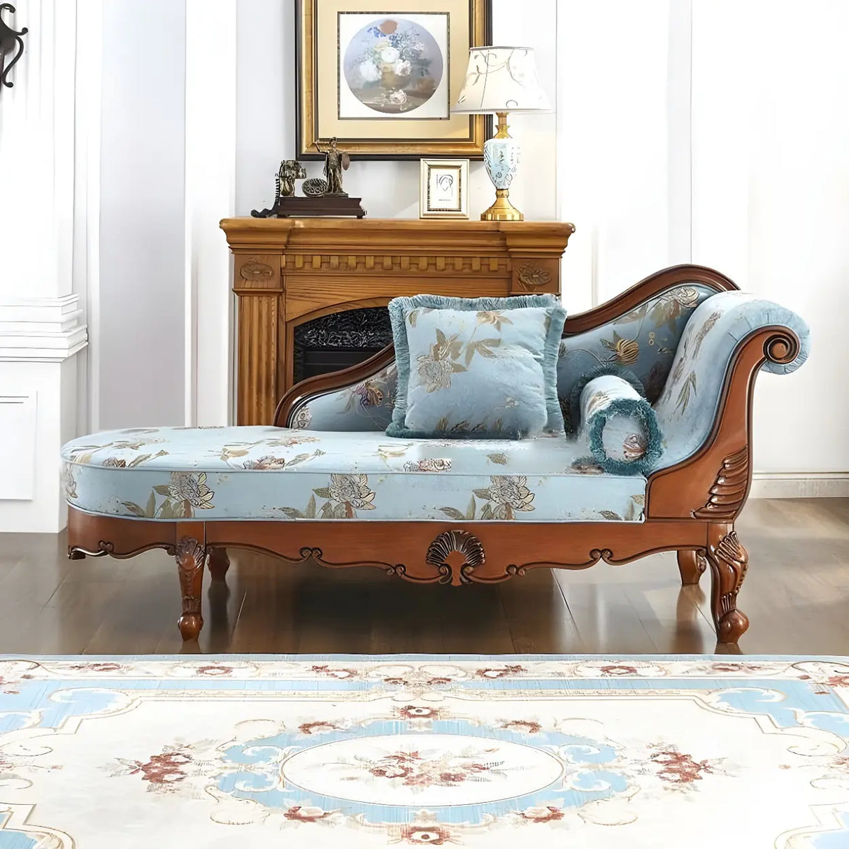 Floral Pattern Pillow Included Wood Cotton Chaise Sofa Image - 11