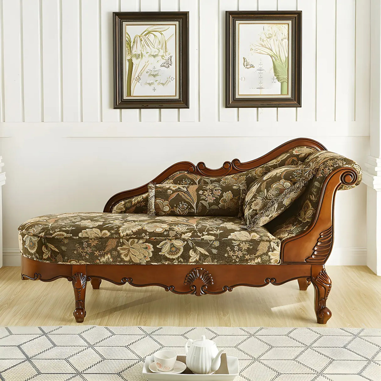 Floral Pattern Pillow Included Wood Cotton Chaise Sofa Image - 13