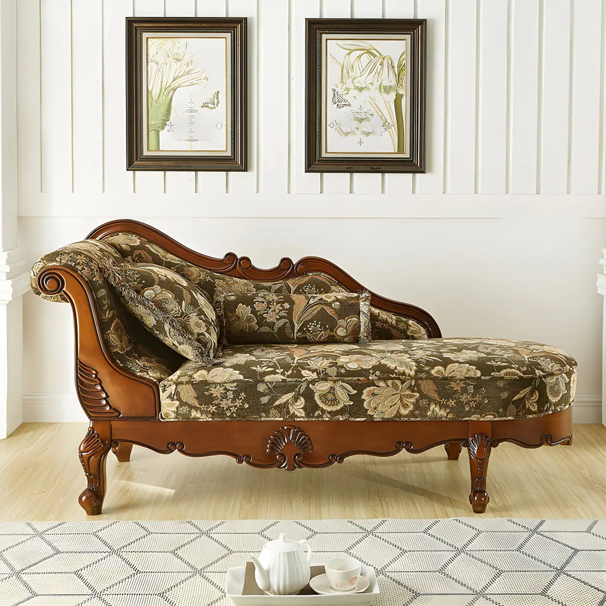 Floral Pattern Pillow Included Wood Cotton Chaise Sofa Image - 15