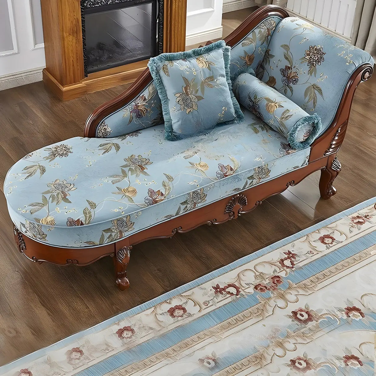 Floral Pattern Pillow Included Wood Cotton Chaise Sofa Image - 1