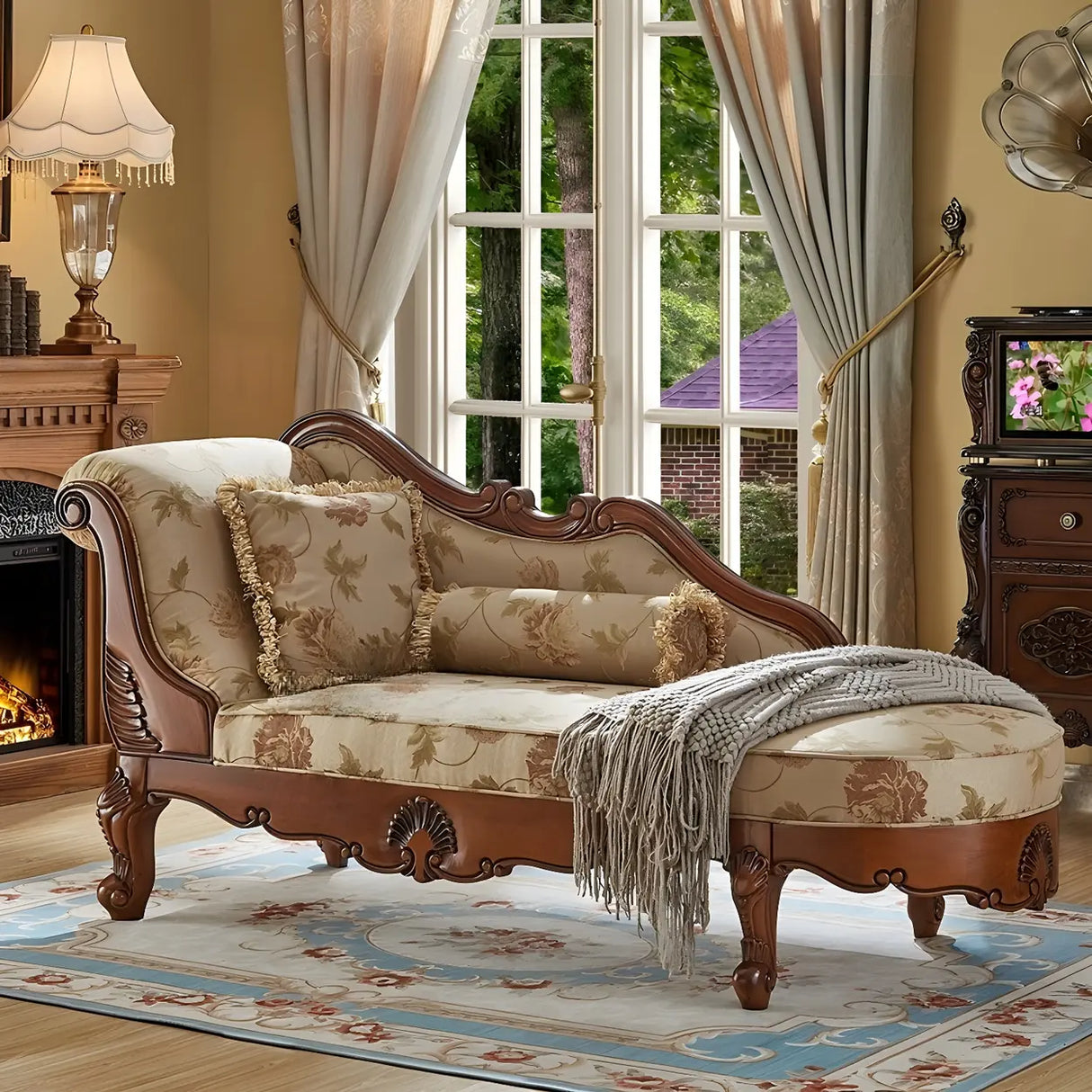 Floral Pattern Pillow Included Wood Cotton Chaise Sofa Image - 21