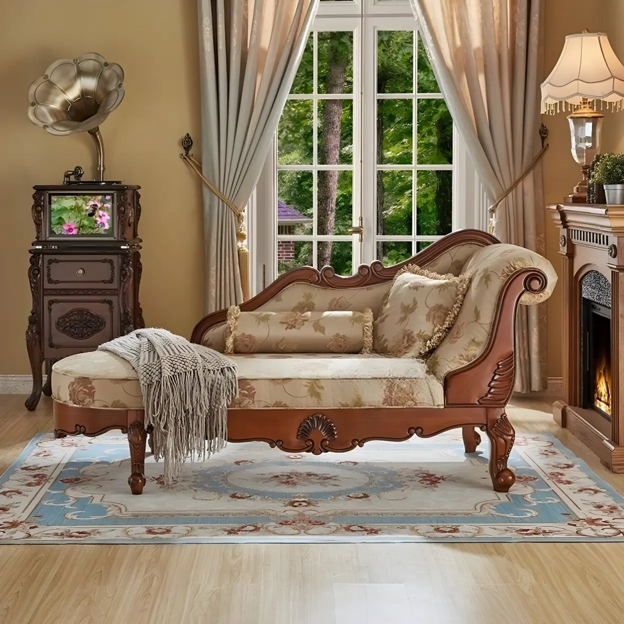 Floral Pattern Pillow Included Wood Cotton Chaise Sofa Image - 22