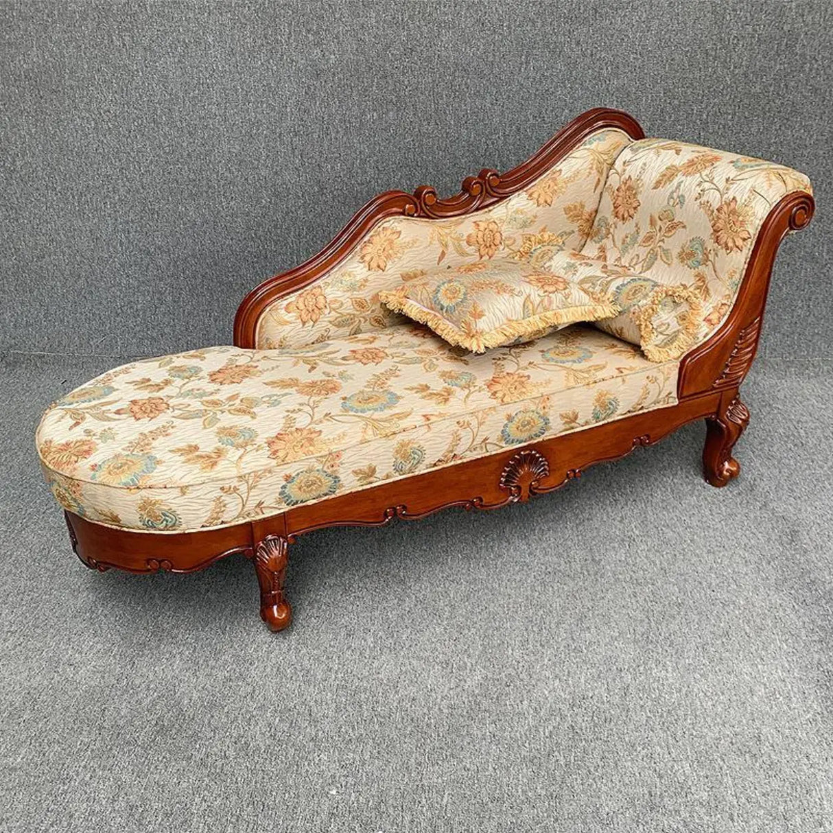 Floral Pattern Pillow Included Wood Cotton Chaise Sofa Image - 2