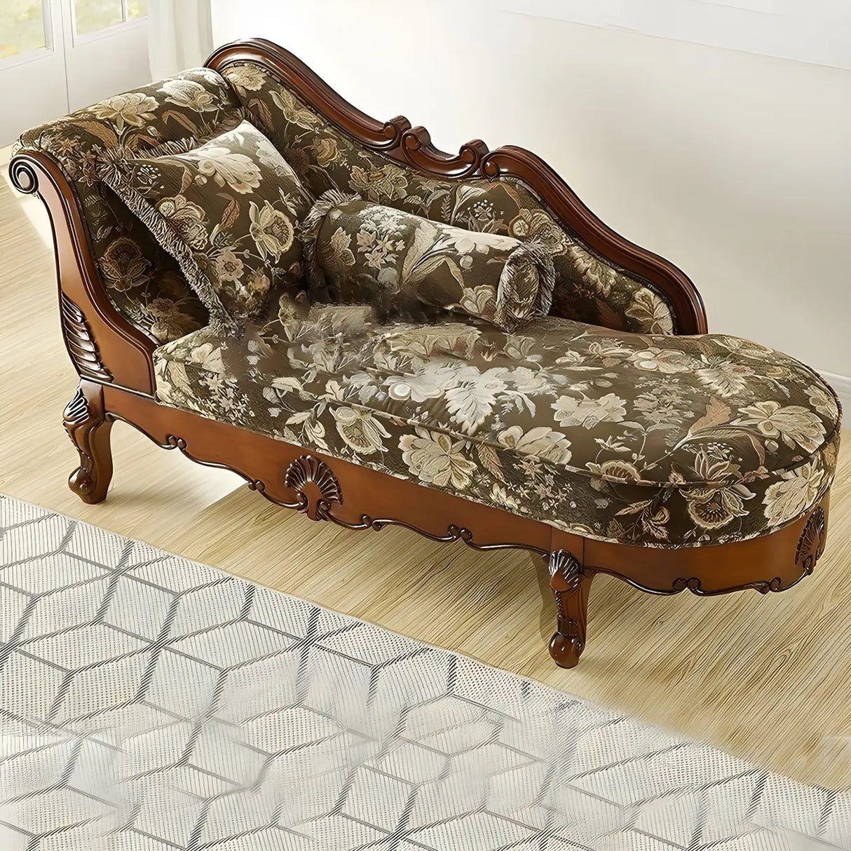 Floral Pattern Pillow Included Wood Cotton Chaise Sofa Image - 4