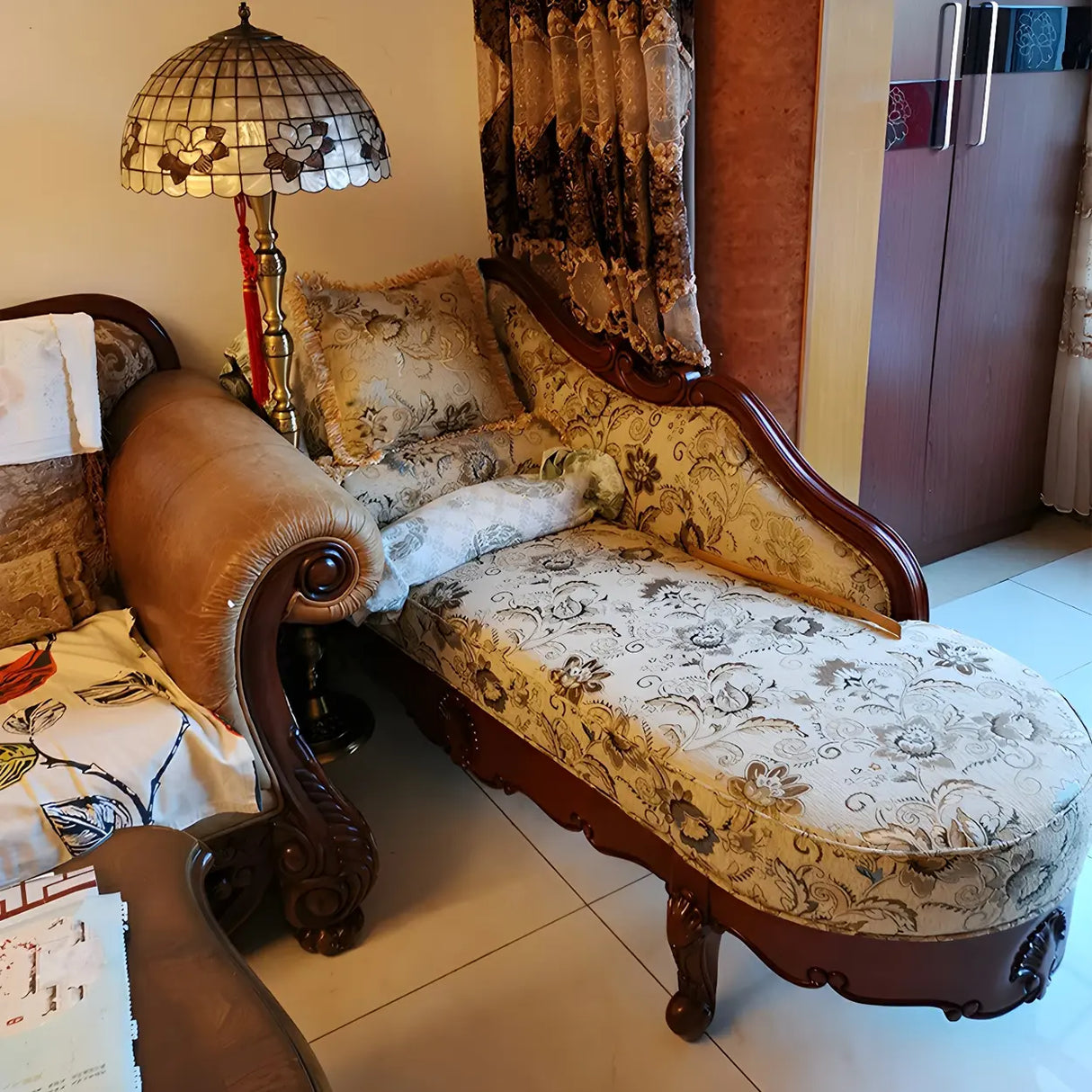 Floral Pattern Pillow Included Wood Cotton Chaise Sofa Image - 6