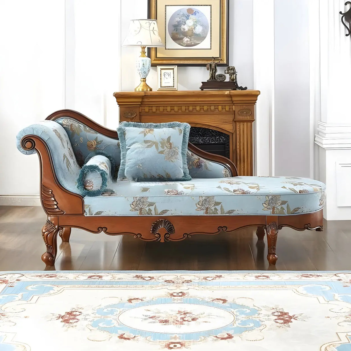 Floral Pattern Pillow Included Wood Cotton Chaise Sofa Image - 8