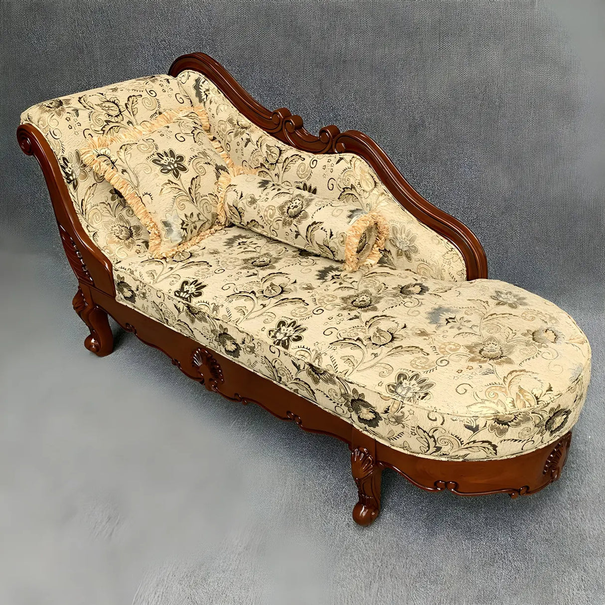 Floral Pattern Pillow Included Wood Cotton Chaise Sofa Image - 9