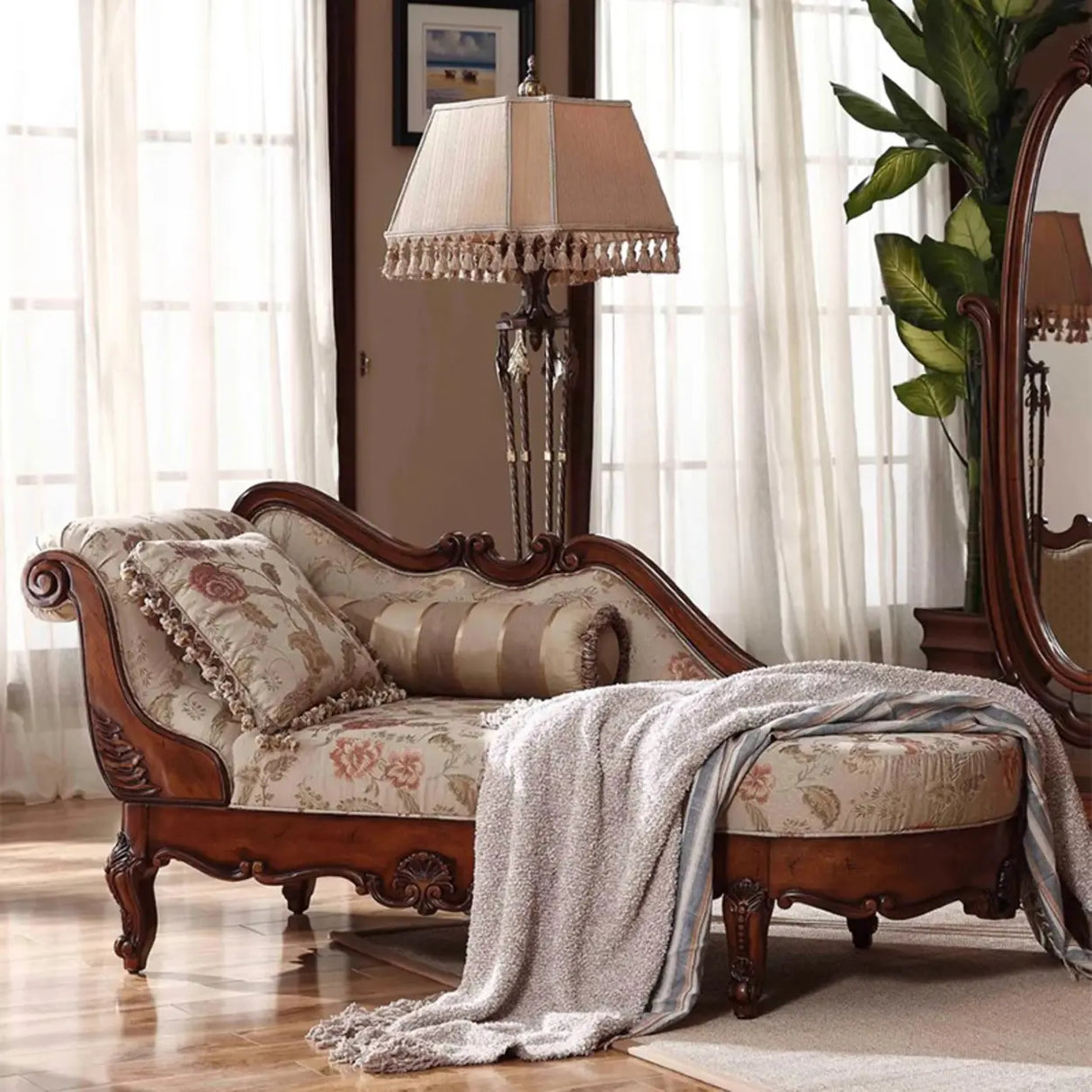 Floral Pattern Wooden Pillow Included Chaise Lounge Image - 1