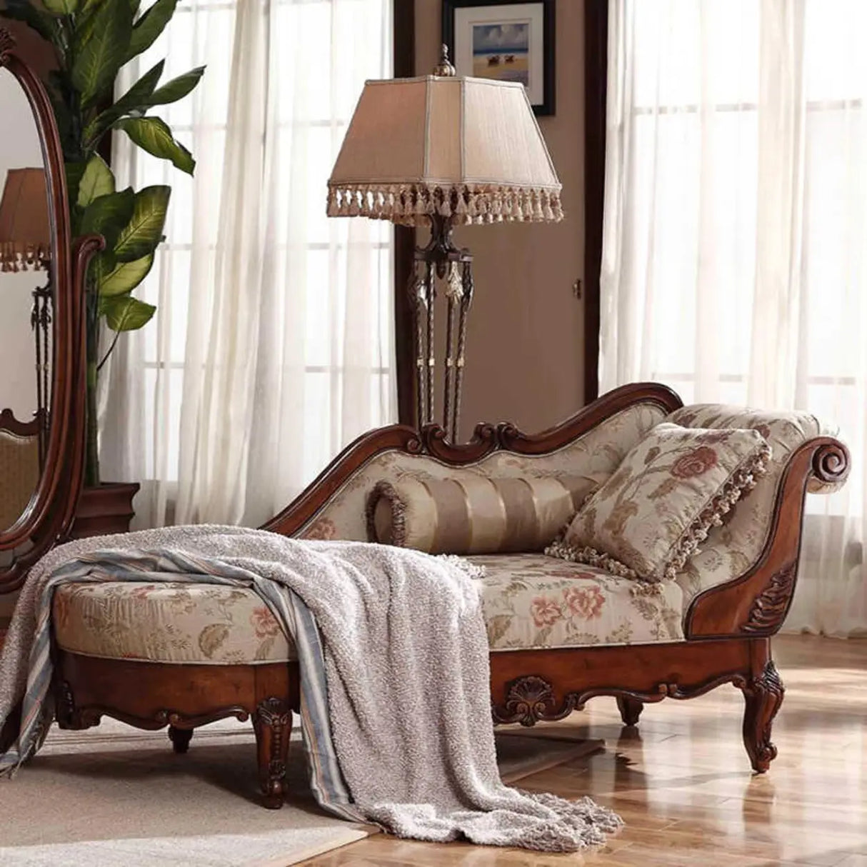 Floral Pattern Wooden Pillow Included Chaise Lounge Image - 3