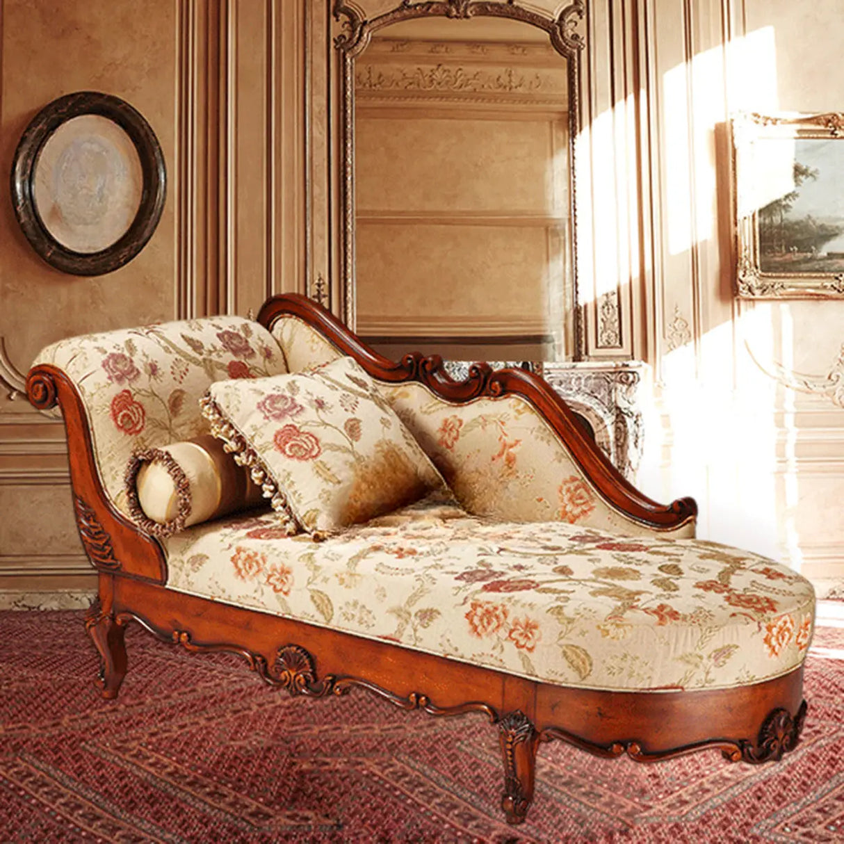 Floral Pattern Wooden Pillow Included Chaise Lounge Image - 4