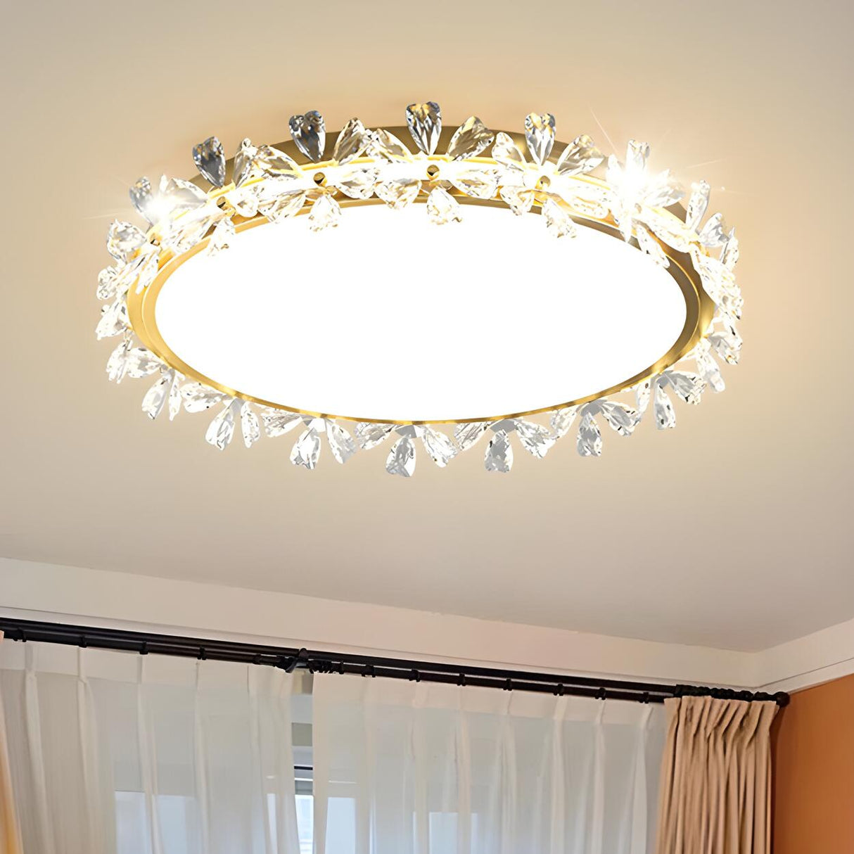 Floral Round Crystal Gold Flush Mount Ceiling Light Image - 1