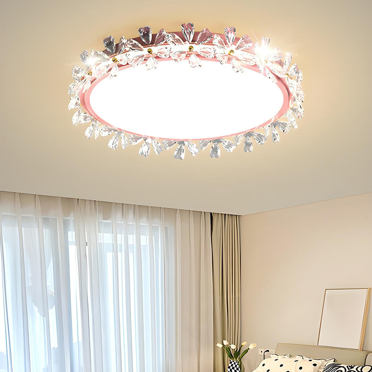 Floral Round Crystal Gold Flush Mount Ceiling Light Image - 12