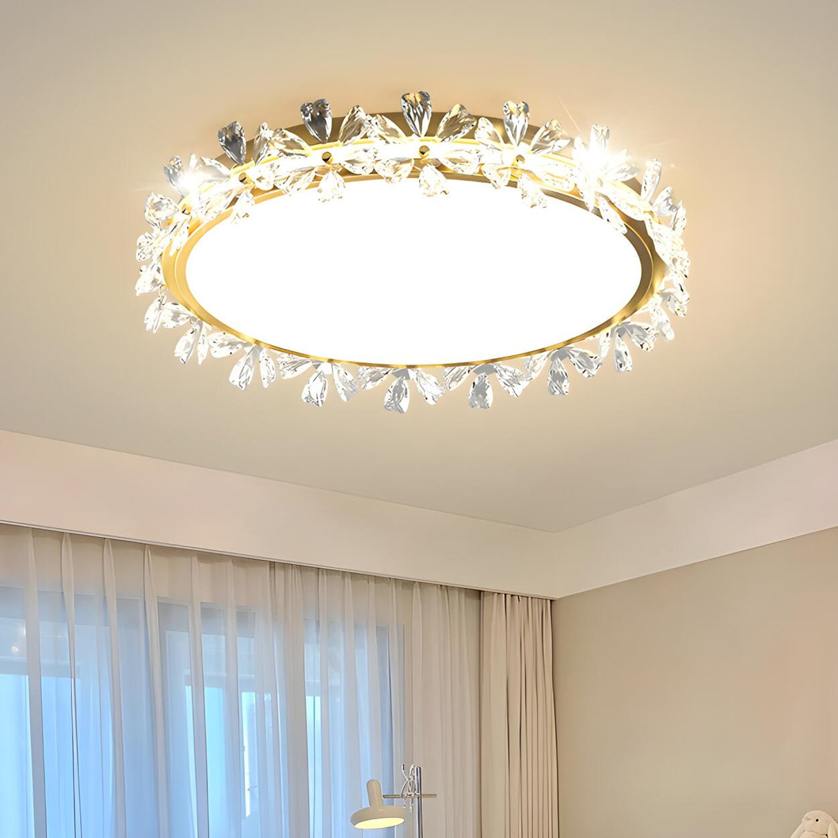 Floral Round Crystal Gold Flush Mount Ceiling Light Image - 2
