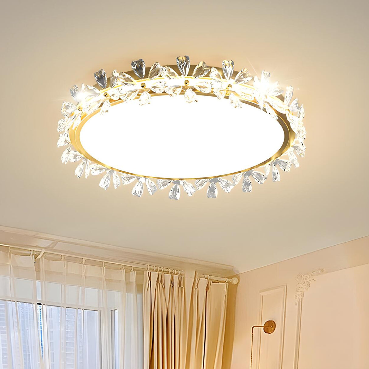 Floral Round Crystal Gold Flush Mount Ceiling Light Image - 3