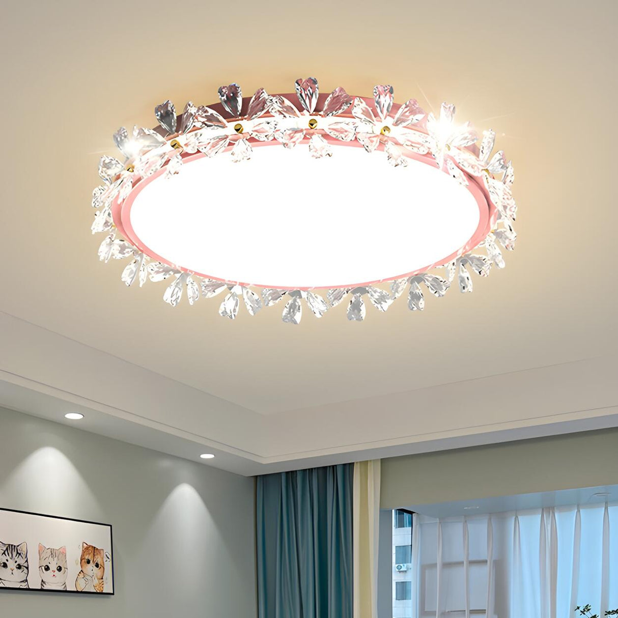 Floral Round Crystal Gold Flush Mount Ceiling Light Image - 4