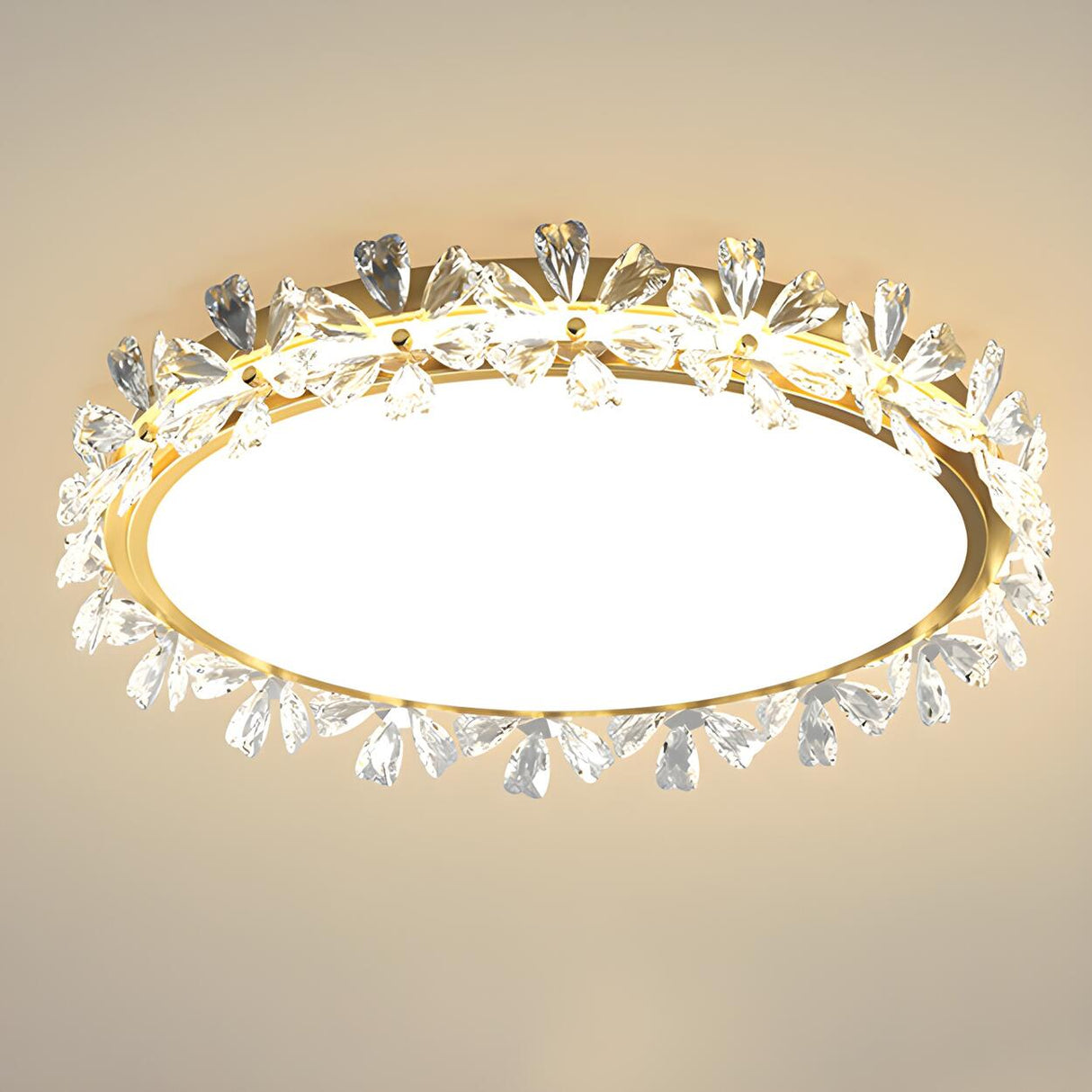 Floral Round Crystal Gold Flush Mount Ceiling Light Image - 6