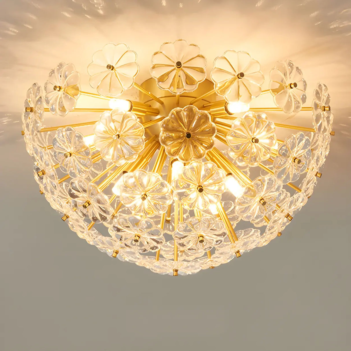 Flower Brass Bowl Crystal Flush Mount Ceiling Light Image - 10