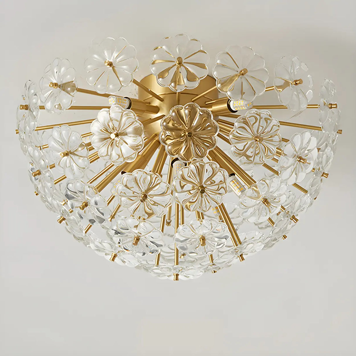 Flower Brass Bowl Crystal Flush Mount Ceiling Light Image - 11