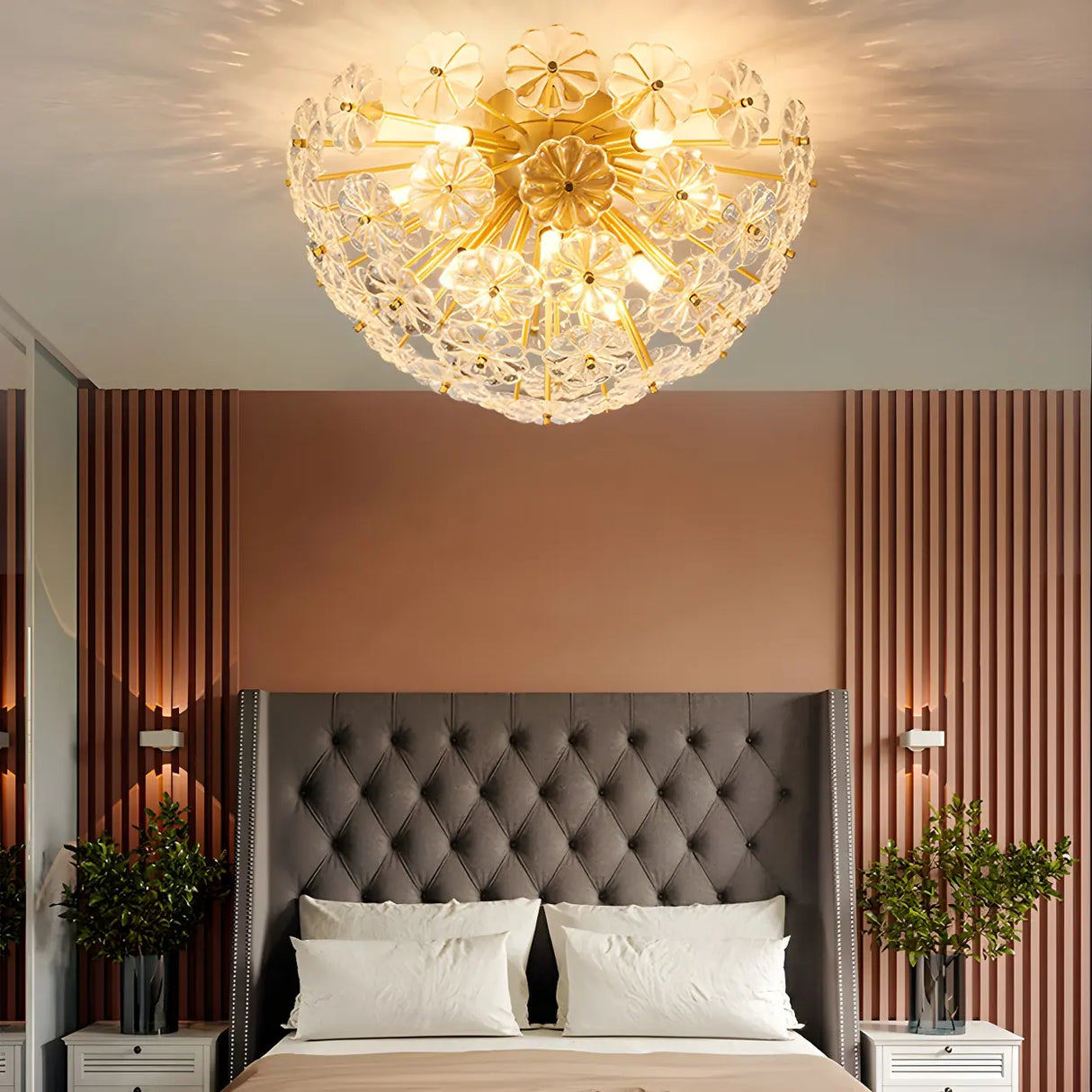 Flower Brass Bowl Crystal Flush Mount Ceiling Light Image - 14