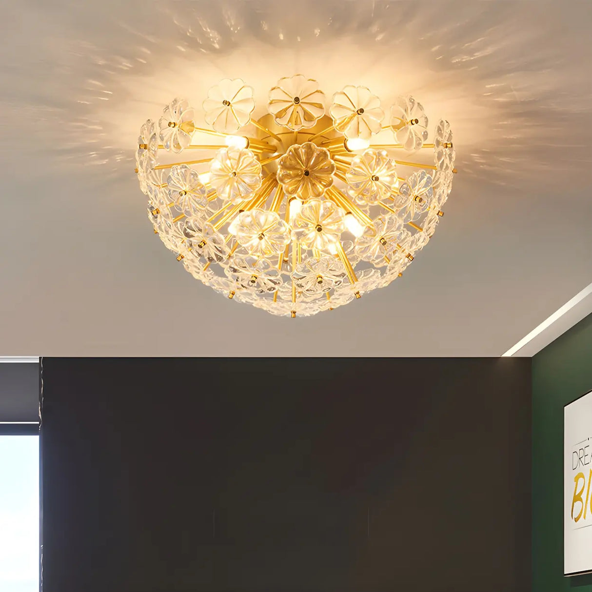 Flower Brass Bowl Crystal Flush Mount Ceiling Light Image - 3