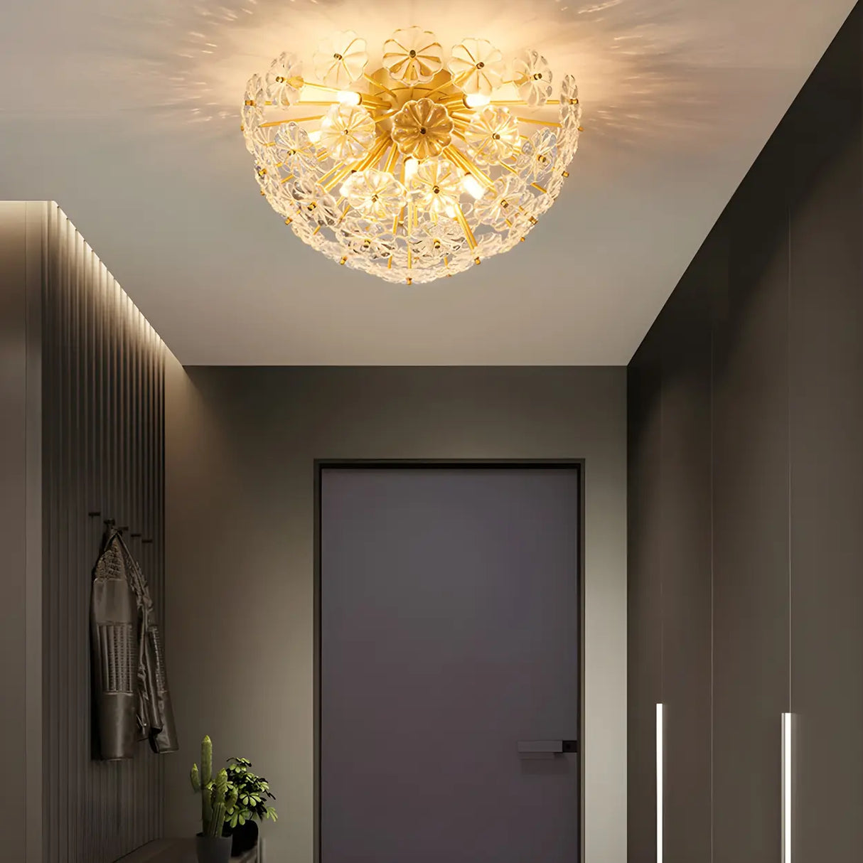 Flower Brass Bowl Crystal Flush Mount Ceiling Light Image - 4