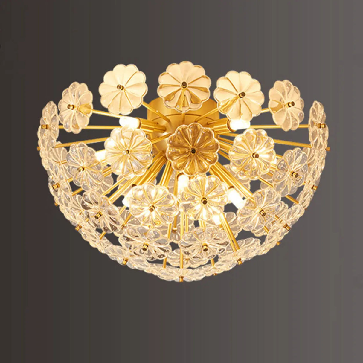 Flower Brass Bowl Crystal Flush Mount Ceiling Light Image - 6
