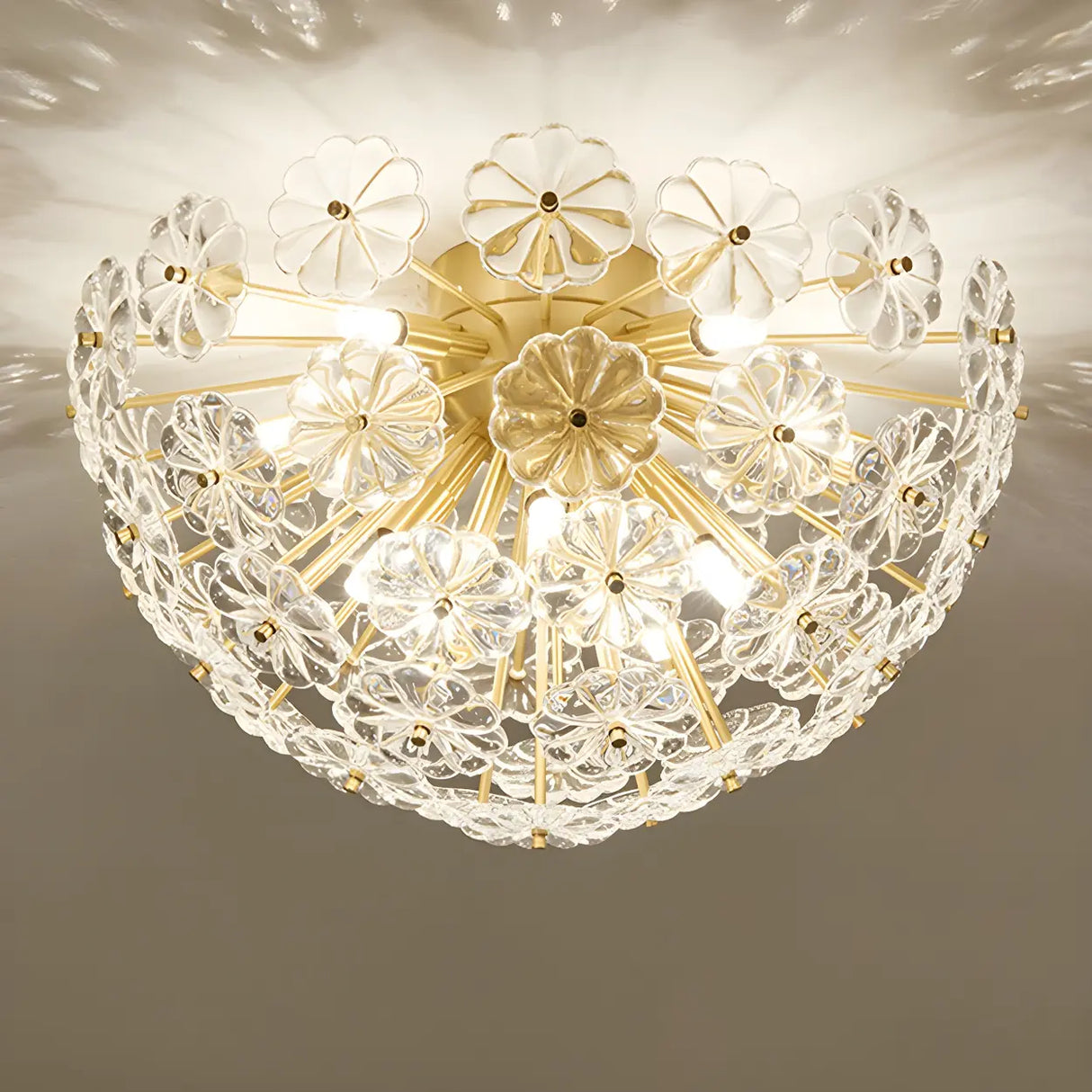 Flower Brass Bowl Crystal Flush Mount Ceiling Light Image - 9