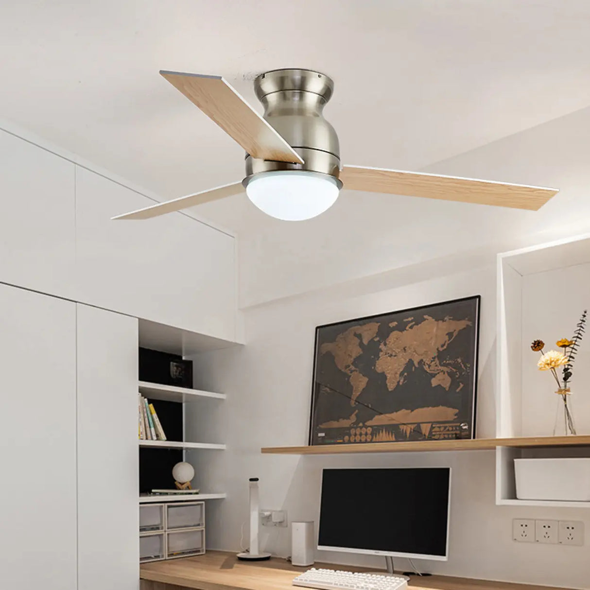 Flush Mount 3 Blade LED Wood Ceiling Fan with Light Image - 2