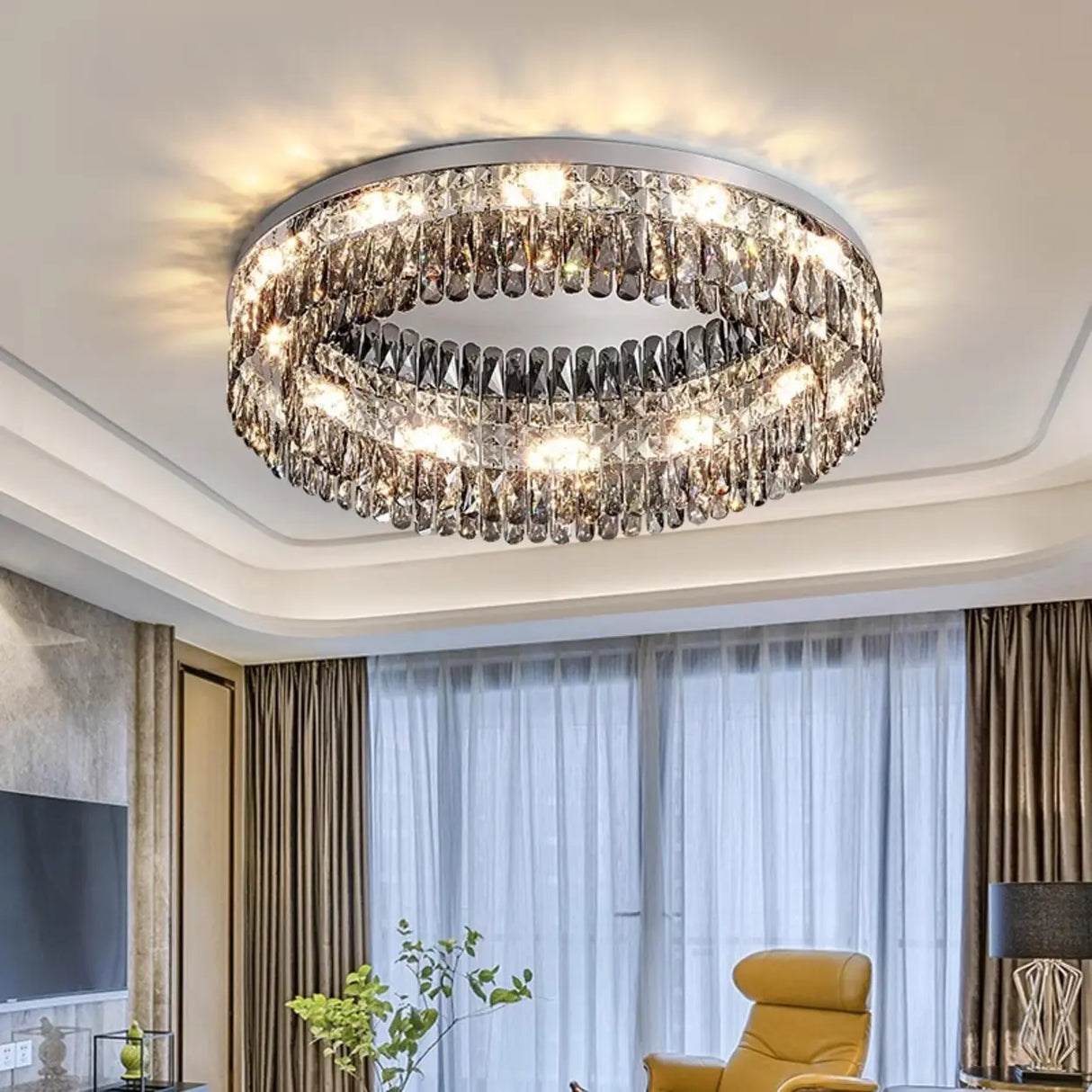 Flush Mount Round Transparent Crystal Ceiling Lamp Image - 1