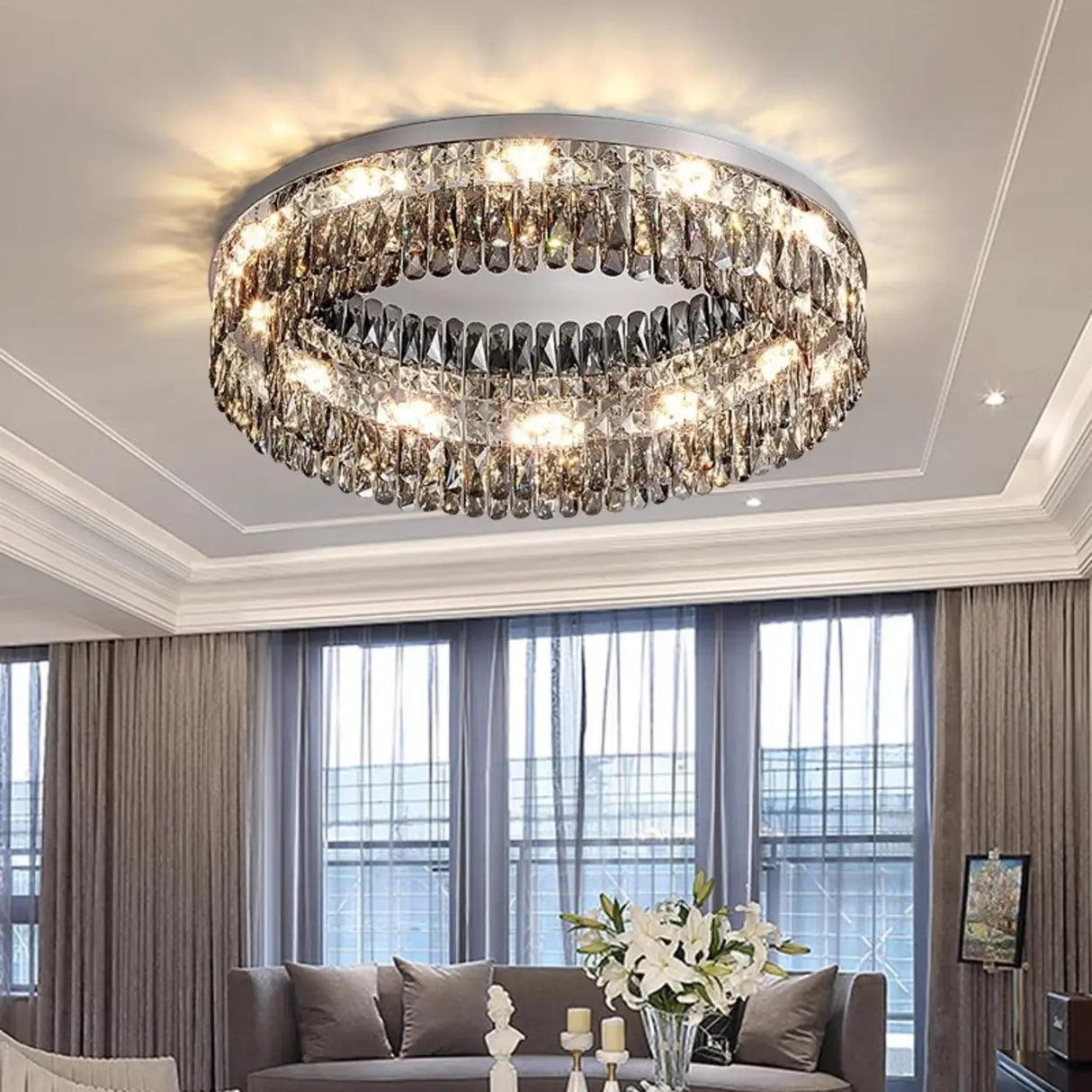 Flush Mount Round Transparent Crystal Ceiling Lamp Image - 7