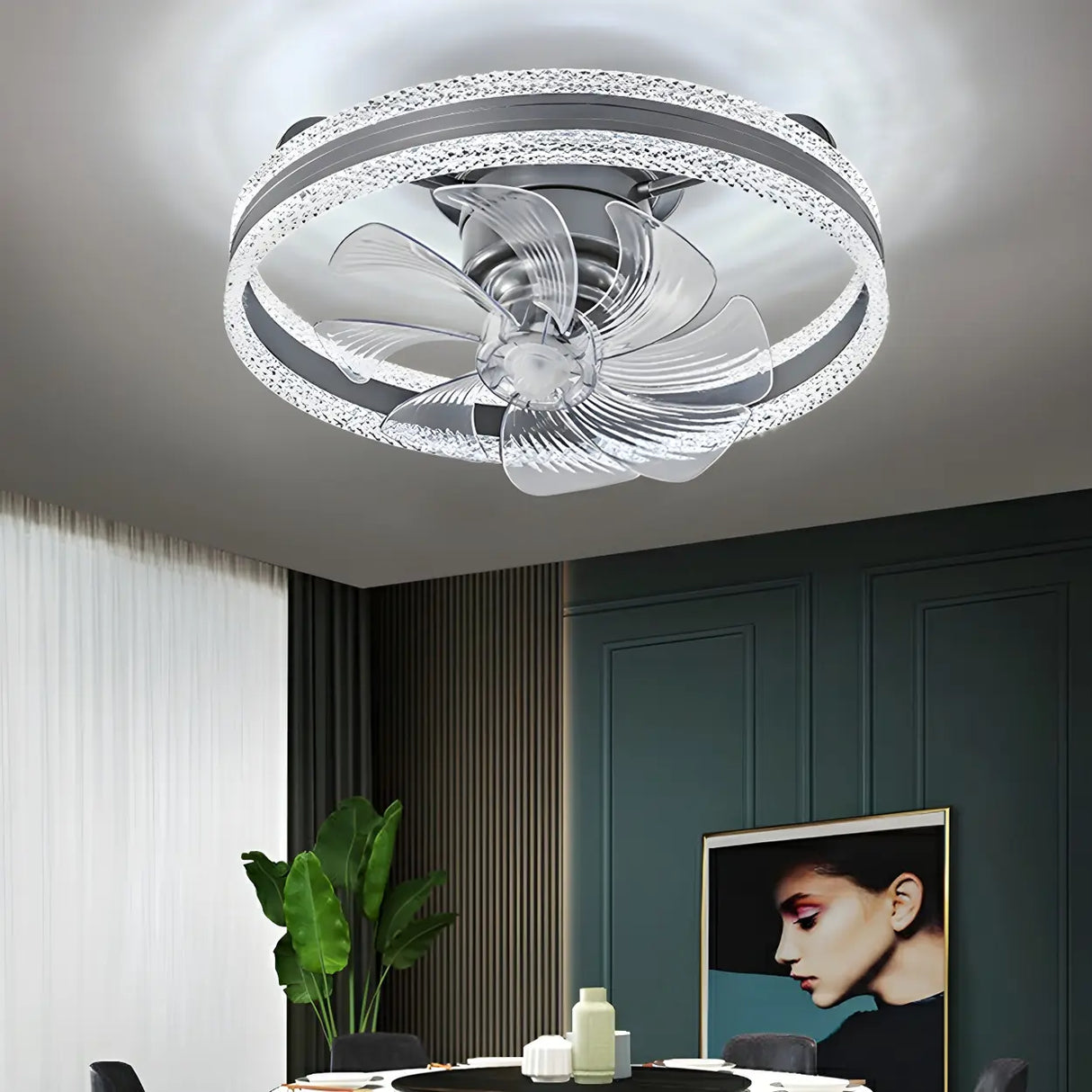 Flush Round Crystal Modern LED Ceiling Fan with Light Image - 2