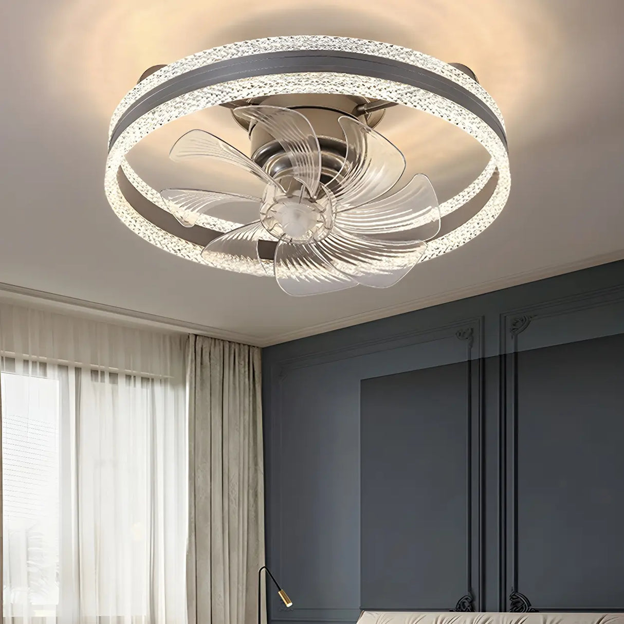 Flush Round Crystal Modern LED Ceiling Fan with Light Image - 3