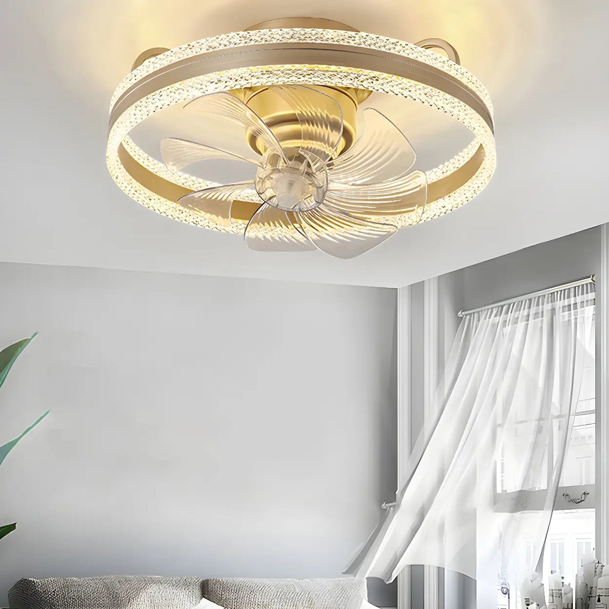 Flush Round Crystal Modern LED Ceiling Fan with Light Image - 4