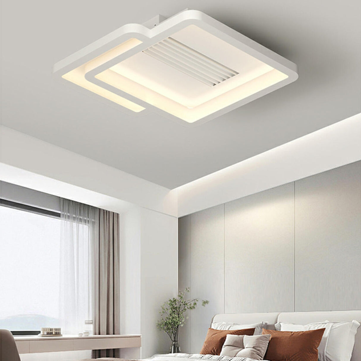 Flush White Geometric Bladeless Ceiling Fan with Light Image - 8