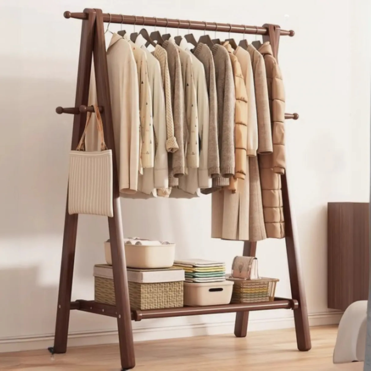 Foldable Beech Wood Nut-Brown Shelves Hooks Coat Rack Image - 12