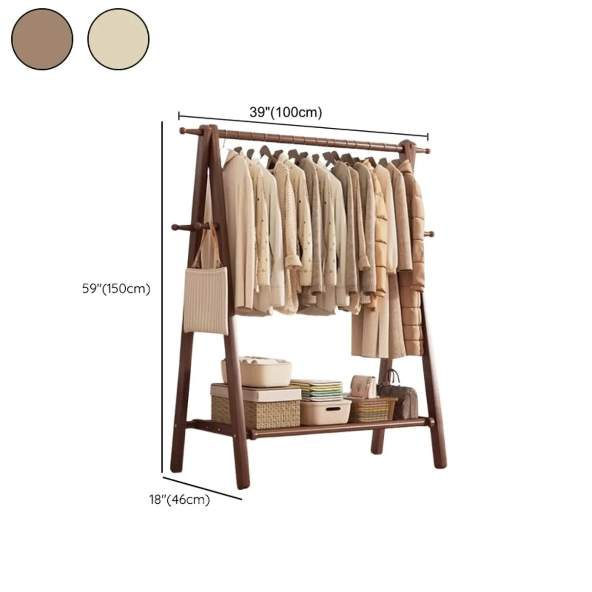 Foldable Beech Wood Nut-Brown Shelves Hooks Coat Rack