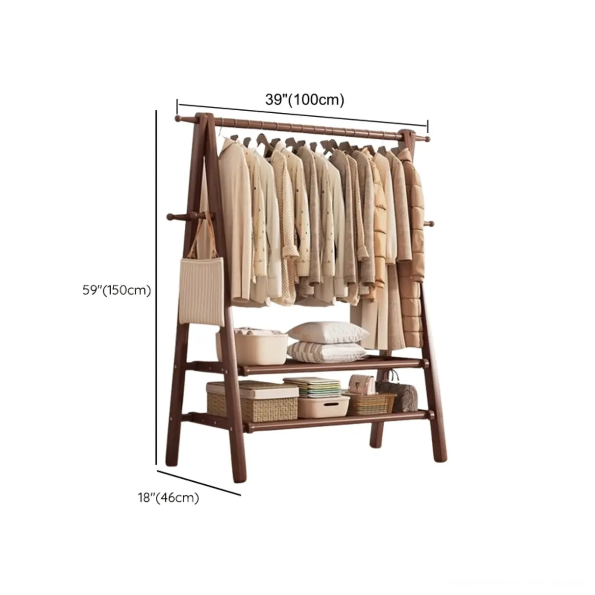 Foldable Beech Wood Nut-Brown Shelves Hooks Coat Rack Image - 25