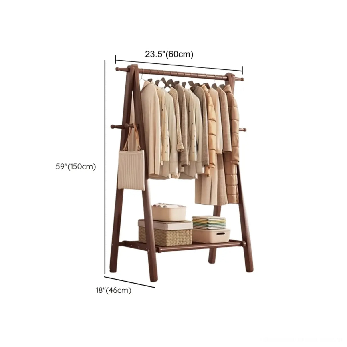 Foldable Beech Wood Nut-Brown Shelves Hooks Coat Rack Image - 27