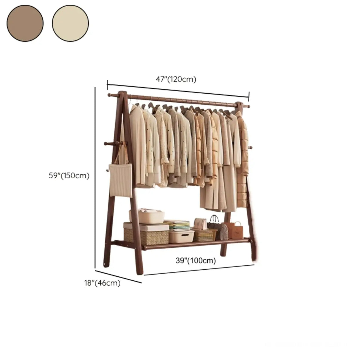 Foldable Beech Wood Nut-Brown Shelves Hooks Coat Rack Image - 28