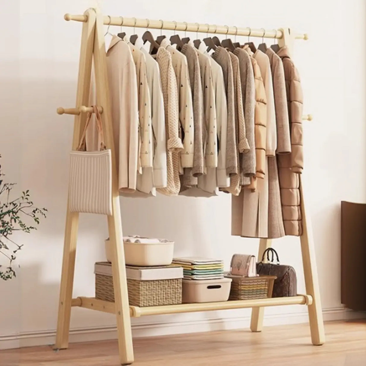 Foldable Beech Wood Nut-Brown Shelves Hooks Coat Rack Image - 6