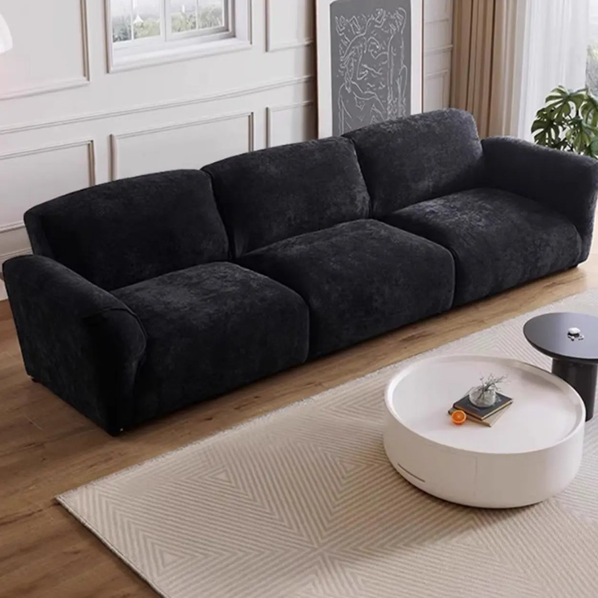 Foldable Black Chenille Square Arm Reclining Sofa Image - 1