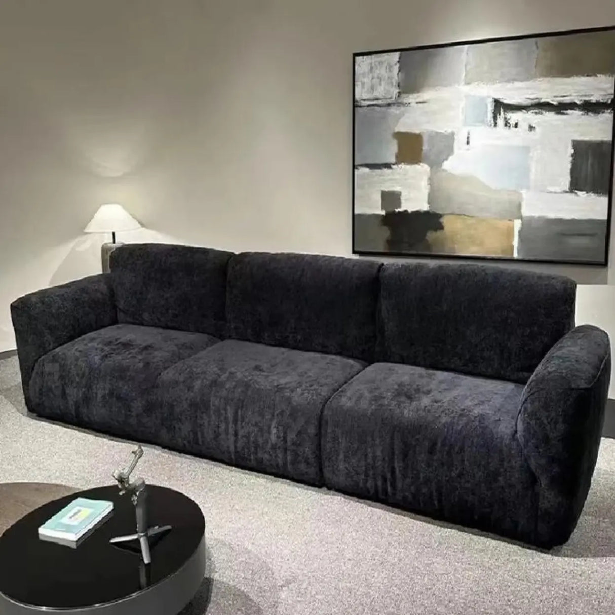 Foldable Black Chenille Square Arm Reclining Sofa Image - 2