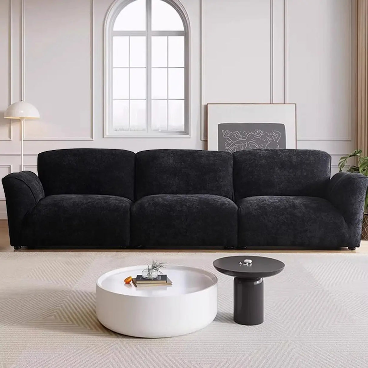 Foldable Black Chenille Square Arm Reclining Sofa Image - 3
