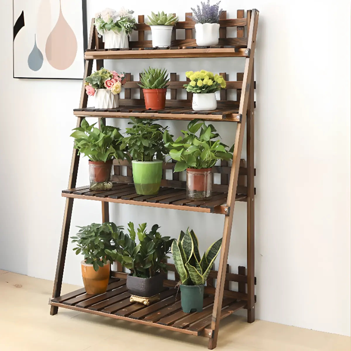 Foldable Brown Floor Wood Ladder Crate Pine Plant Stand Image - 11